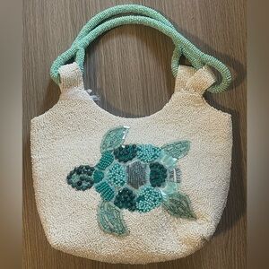 Viral Beaded Turtle Design Handbag - White Green and Blue Aqua Made in India